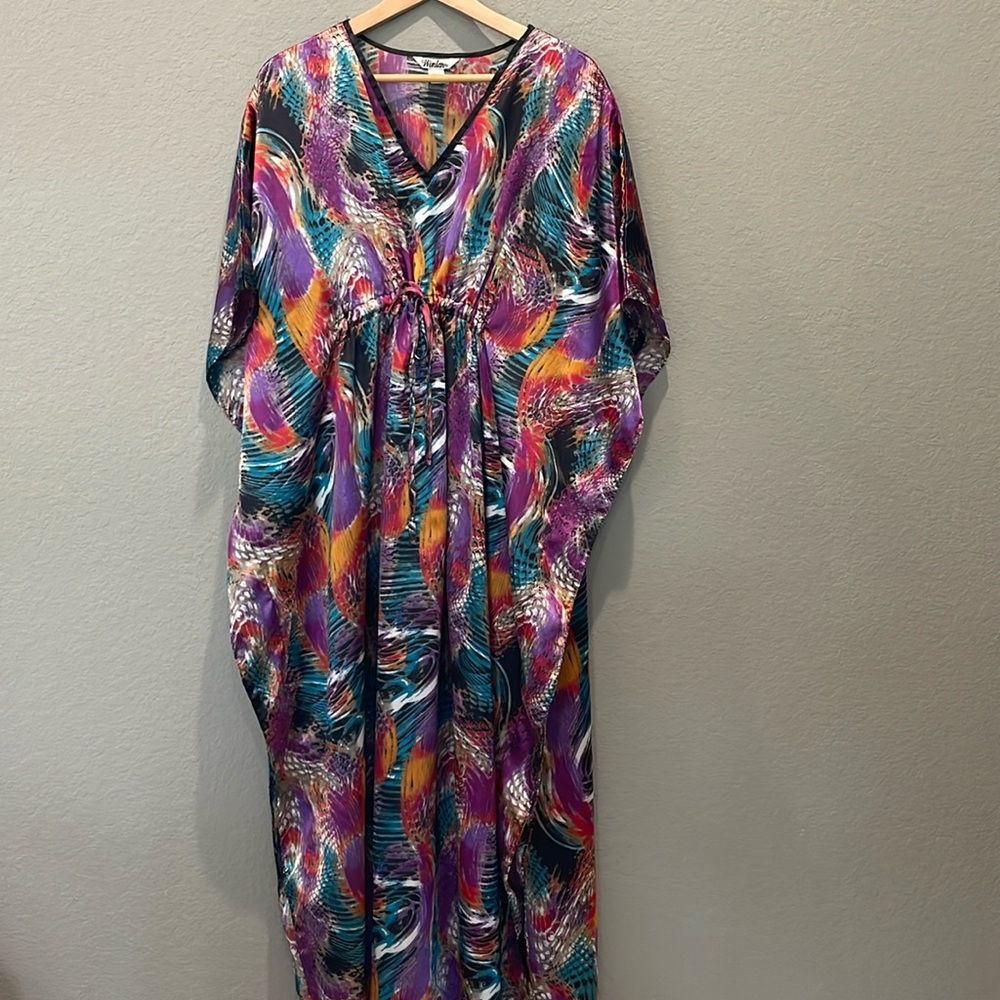 Vintage Multicolor Wave-Print Kaftan in Purple, Teal & Orange